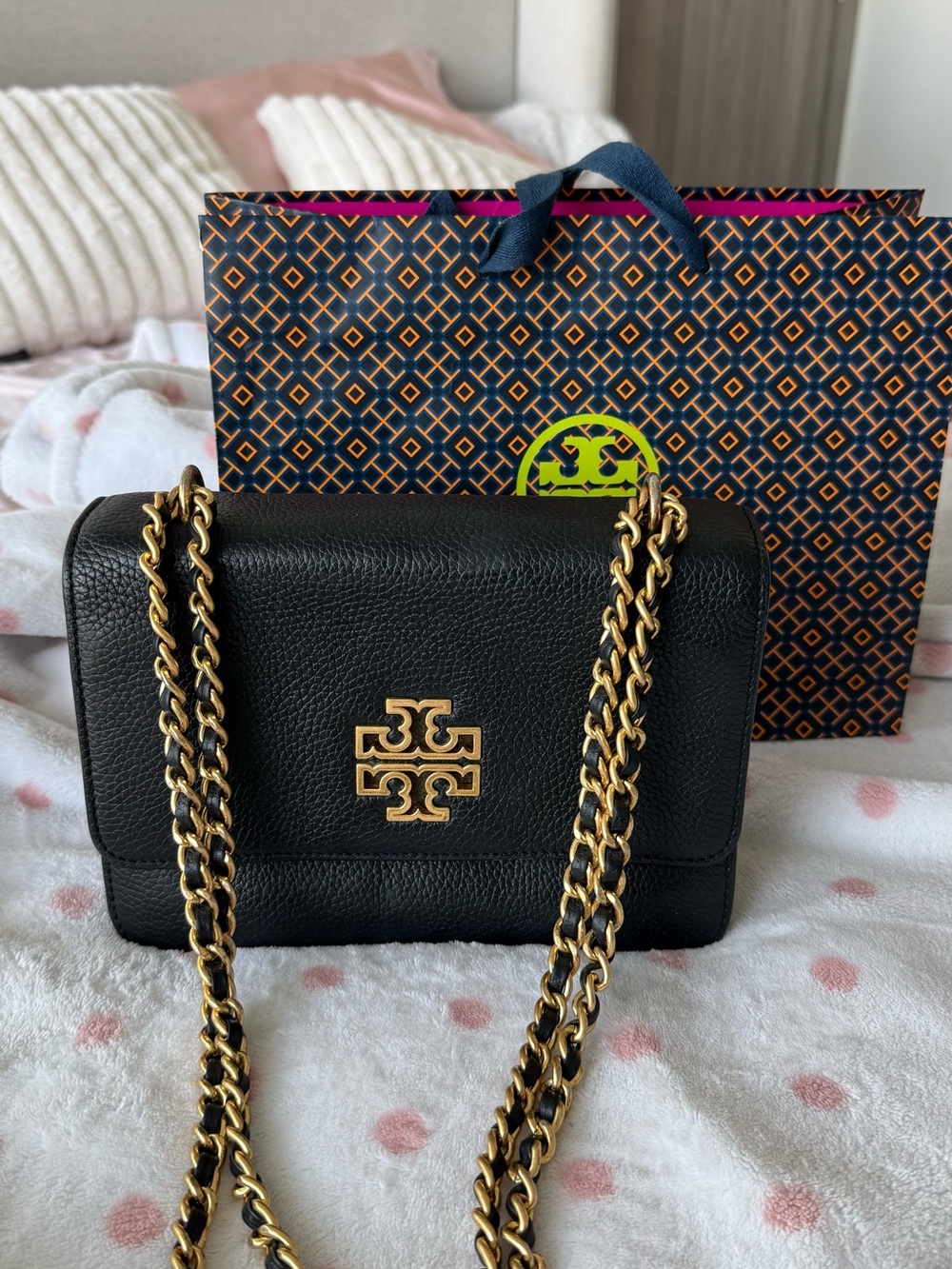 Tory Burch Black Pebbled Leather Chain Crossbody with Gold Hardware